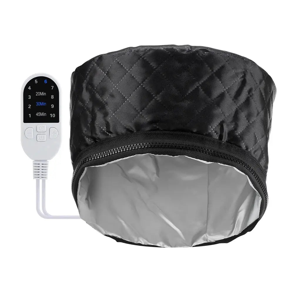 10-levels electric hair heating cap by Simples Market, with remote, waterproof black quilted exterior and silver lining