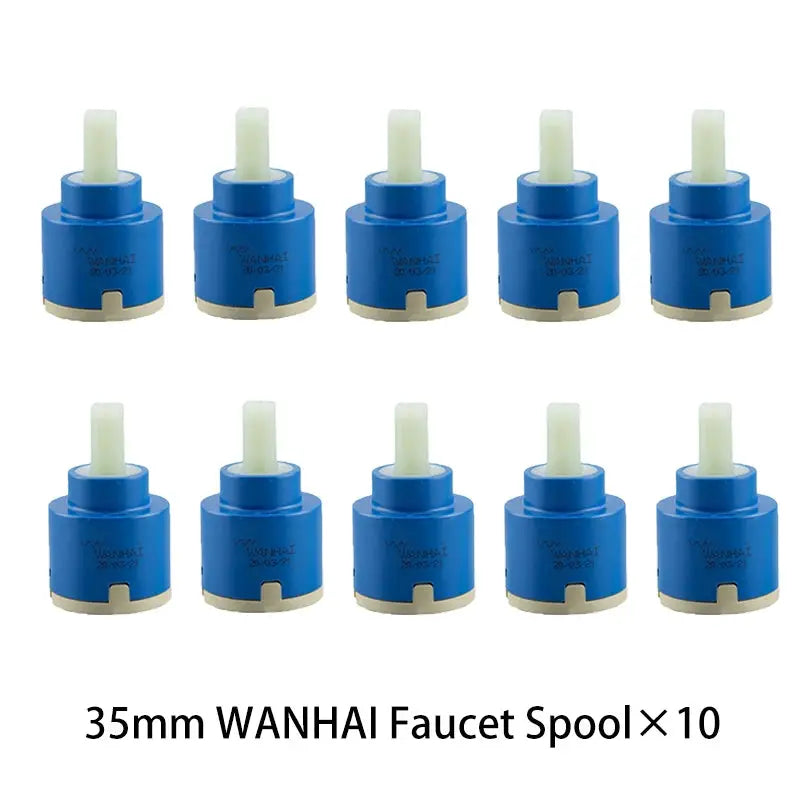 10x 35mm WANHAI faucet valve cores in blue with beige base, ceramic cartridge mixing valve components