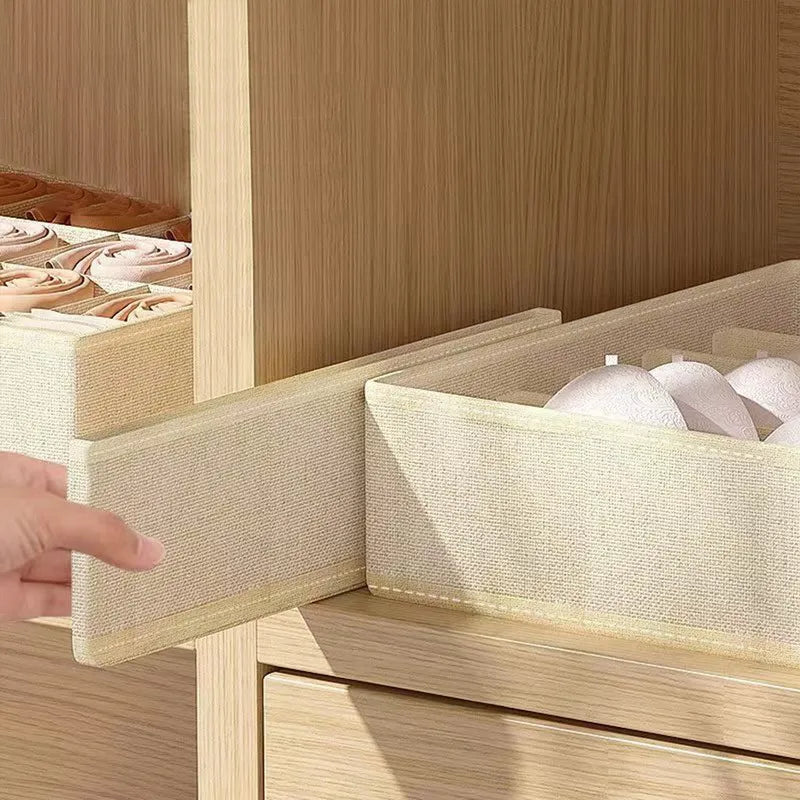 Beige fabric underwear and bra organizer boxes in a wardrobe drawer; 2 storage boxes by Simples Market