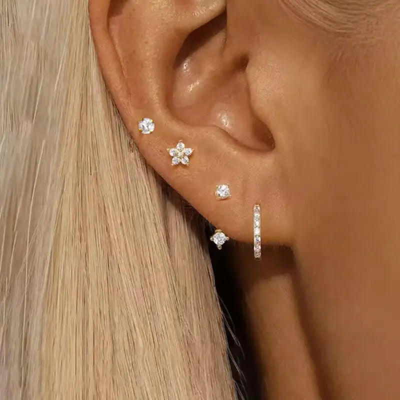 4-piece Simples Market zircon earring set: flower stud and huggie hoops with clear stones
