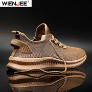 Men's brown knit non-slip sneakers, breathable lace-up running shoes, Wienjee