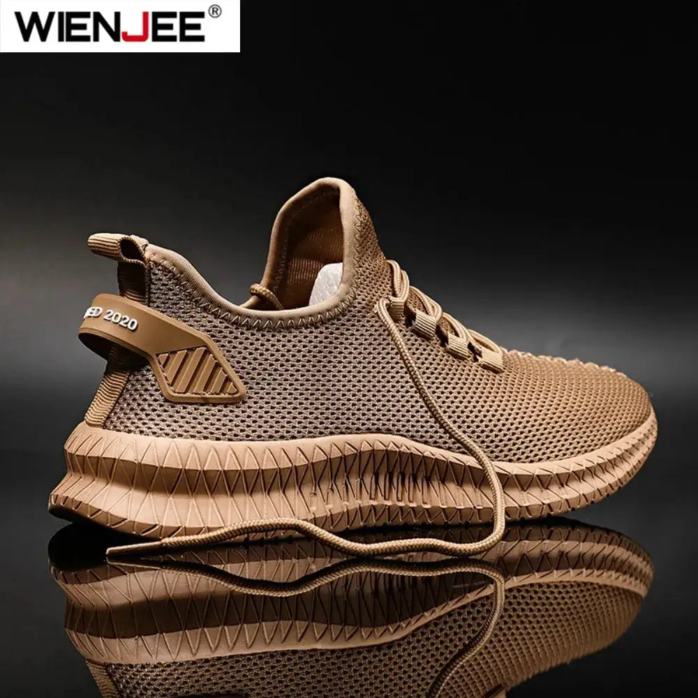 Men's brown knit non-slip sneakers, breathable lace-up running shoes, Wienjee