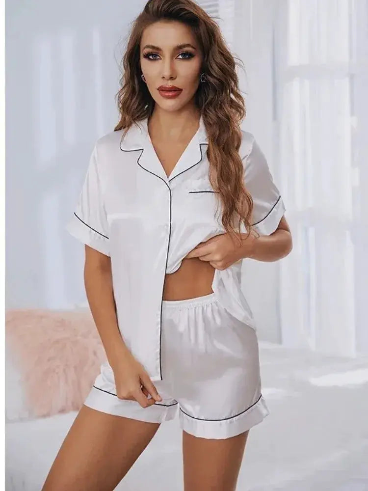 SilkEase Silk Satin Pajama Set For Women Button Down Short Sleeve Top And Shorts Breathable Satin For Cool Comfort