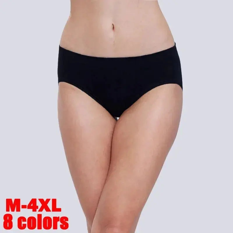 Women's black cotton panties, plus-size M-4XL, breathable solid-color brief