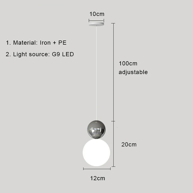 Nordic pendant light with chrome top ball above a cream-white globe; modern LED hanging lamp with adjustable cord.