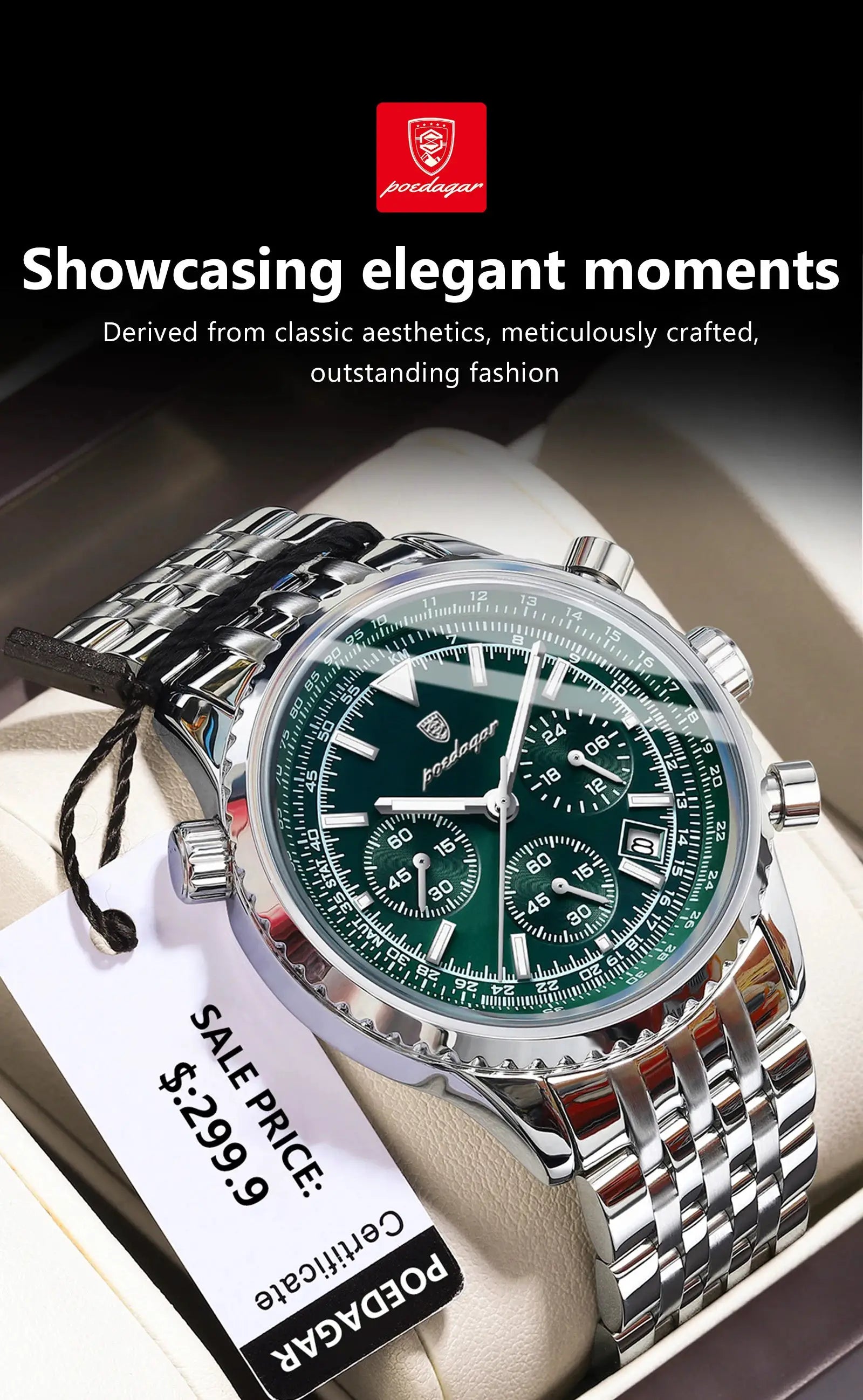 POEDAGAR men's stainless steel chronograph watch with green dial, date window, and luminous hands.