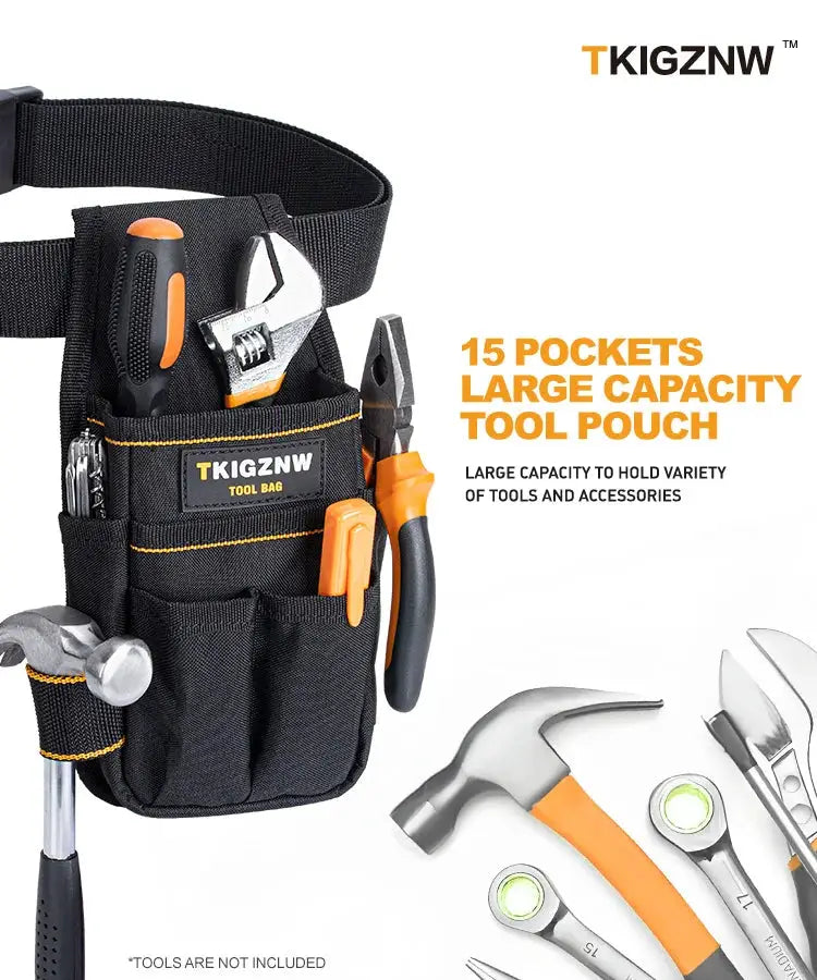 TKIGZNW pocket tool pouch, black heavy-duty tool bag with orange stitching and belt, multi-pocket design.