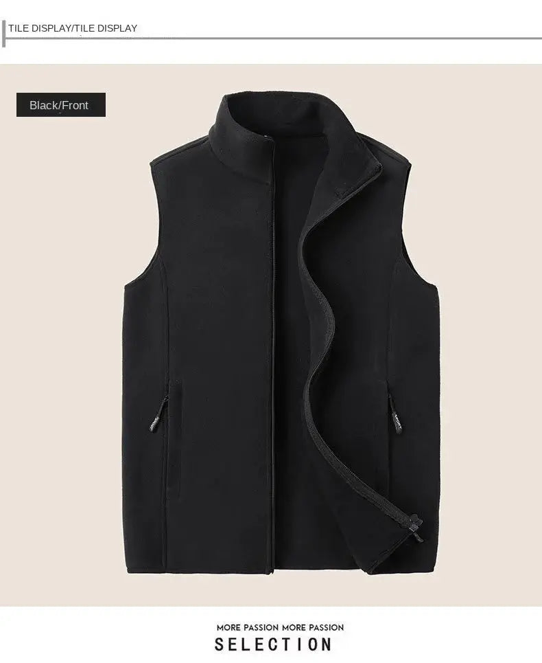 Men's black fleece sleeveless waistcoat vest with stand collar and zip pockets