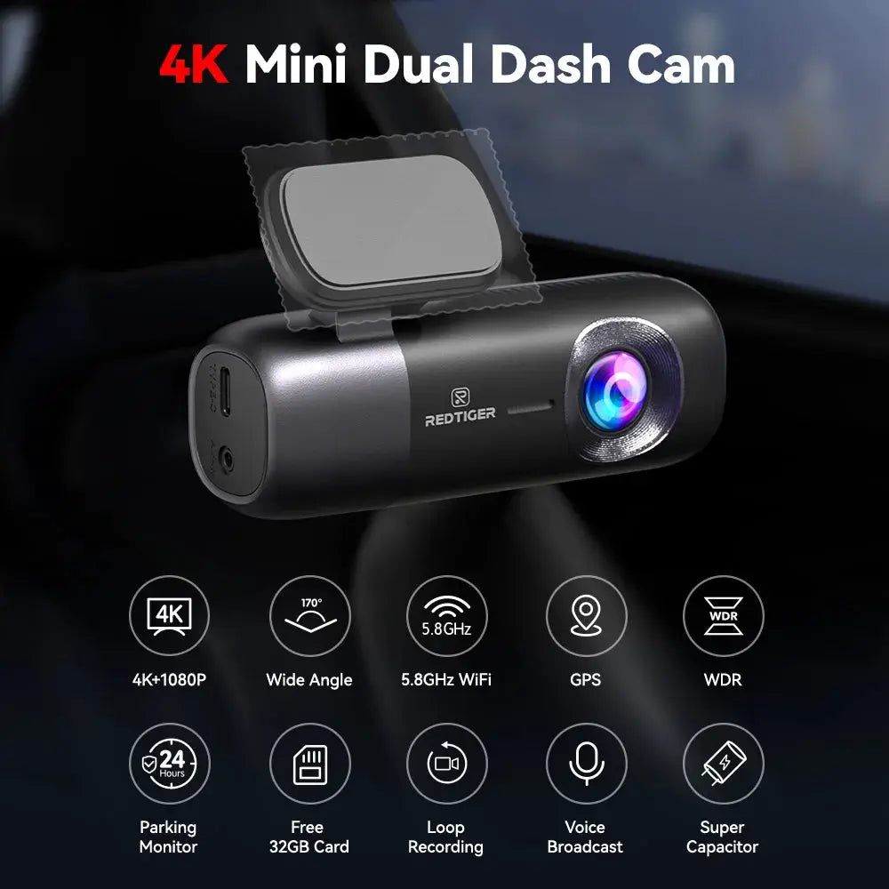 REDTIGER F9 4K dash cam with front and rear recording, WiFi, GPS, and parking mode
