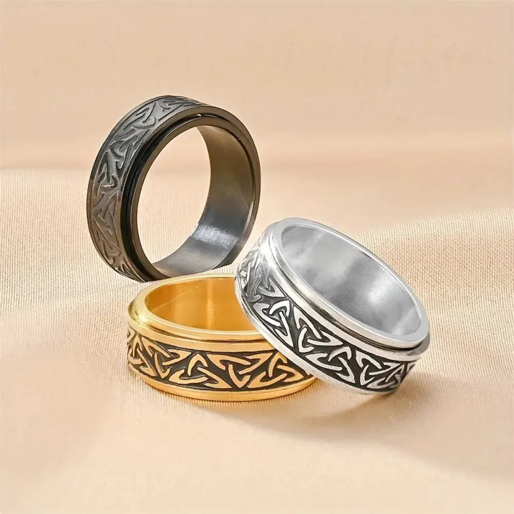 Fashion Titanium Steel Ring With Celtic Triangle Knot Pattern For Men Rotatable Stress Relief Jewelry