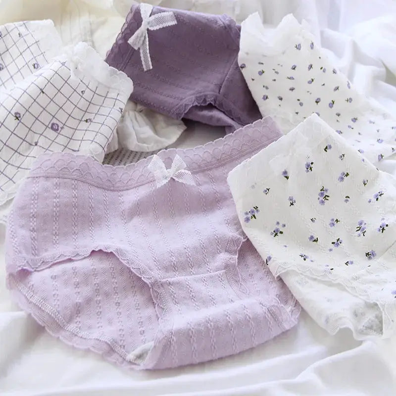 5Pcs set cotton lace panties for women; lavender and white floral mid-waist briefs with bows