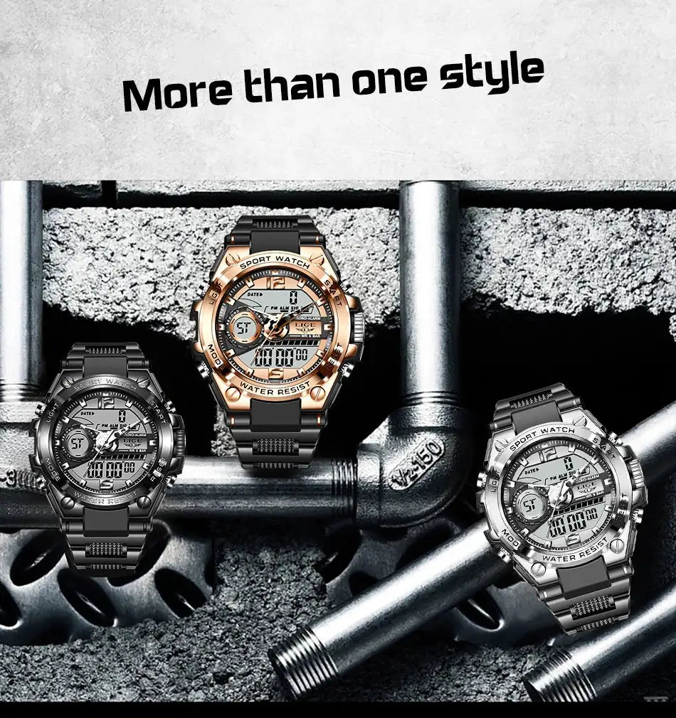 Simples Market LIGE men’s military digital LED quartz watches - trio in black, rose-gold, silver, 50m water resistant