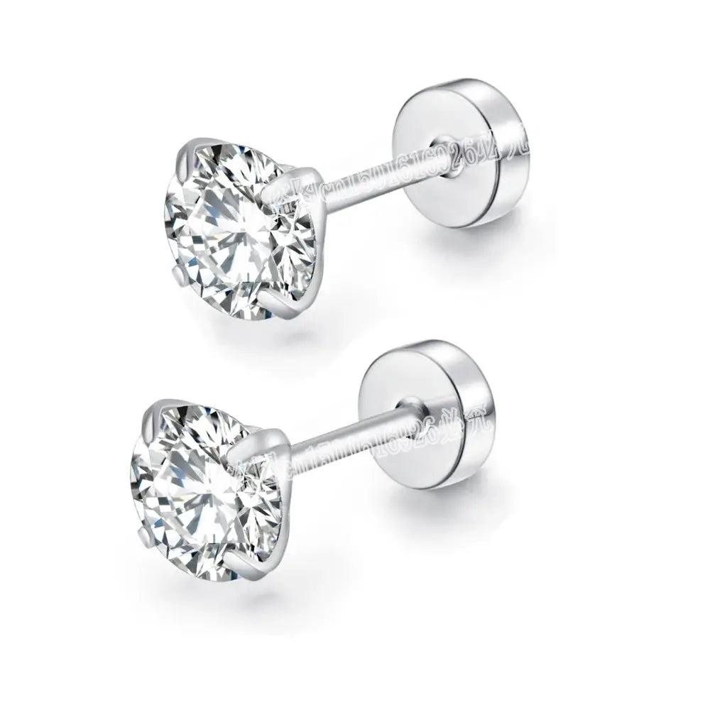 Stainless Steel Titanium Round Cubic Zirconia Stud Earrings for Women and Men with Screw Back Closure Silver