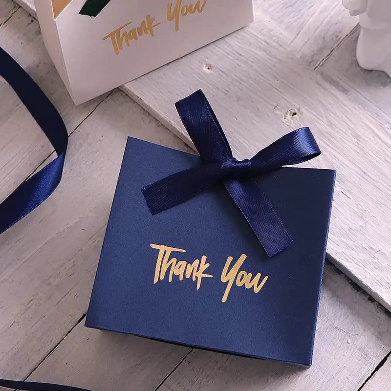 Mini navy gift box with gold Thank You text and navy satin ribbon