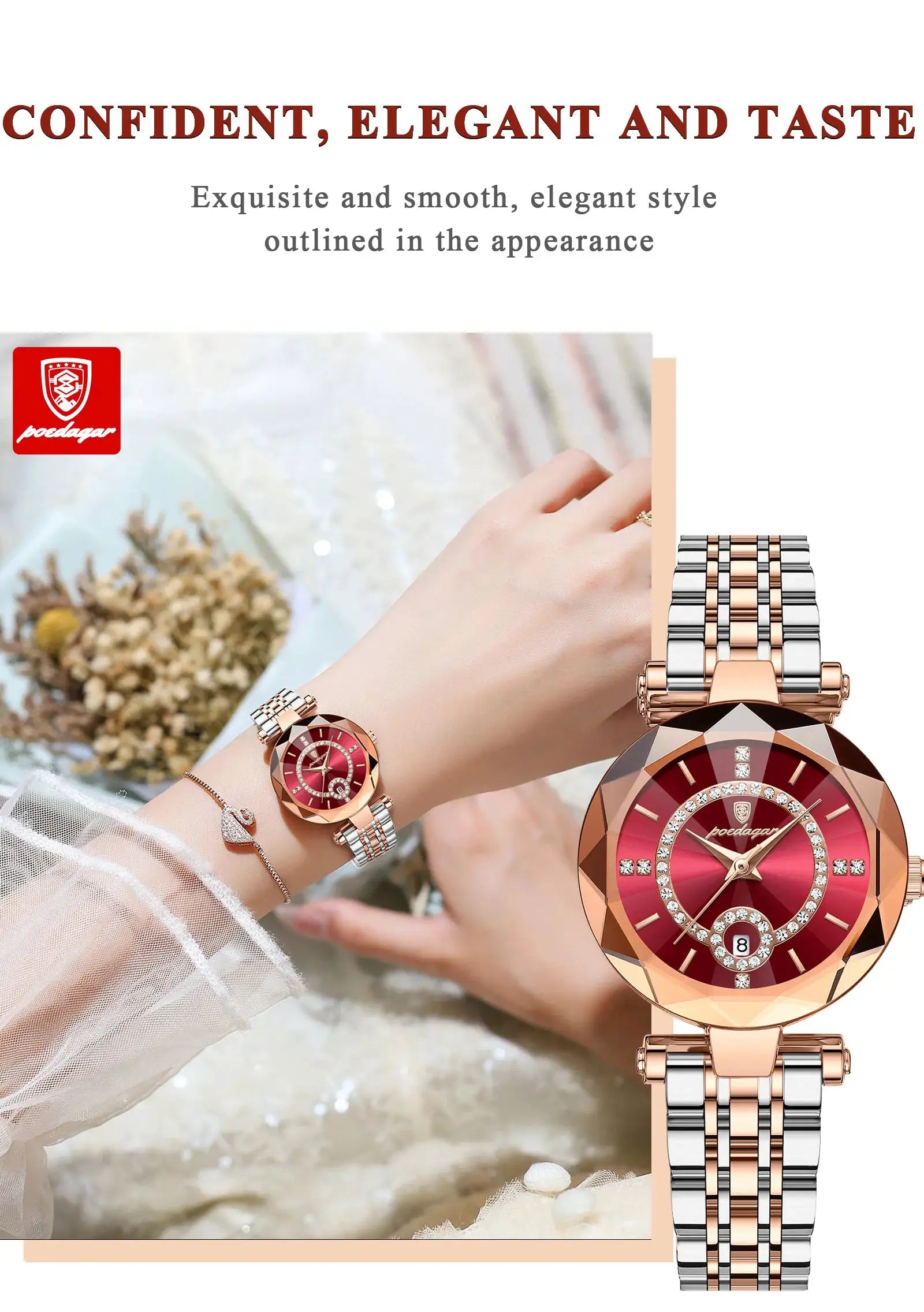 POEDAGAR women's stainless steel quartz wristwatches; two-tone rose-gold and silver bracelet, red crystal dial, badge visible.