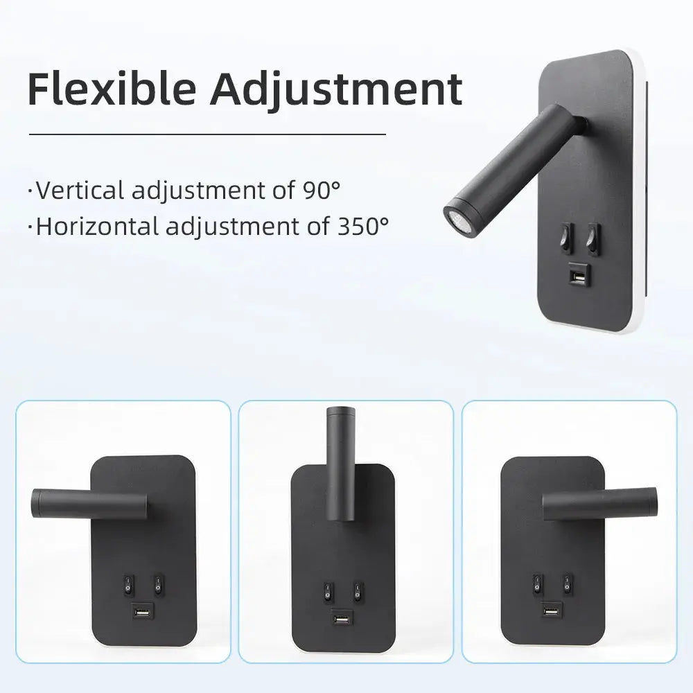 Chargeable USB wall lamp with rotatable head; black wall sconce by Simples Market