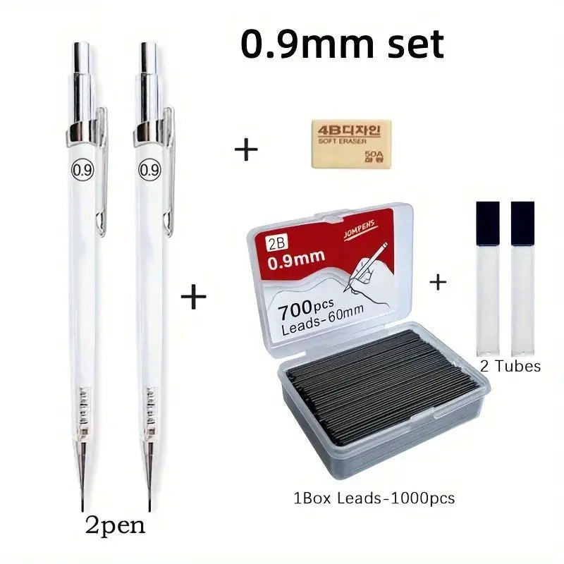 Simples Market transparent 0.9mm mechanical pencils set with 2 pencils, 2 refill tubes, and lead box