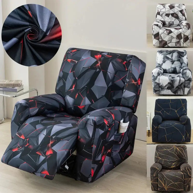Stretch recliner chair cover by Simples Market in dark geometric pattern with red highlights for kids and pets