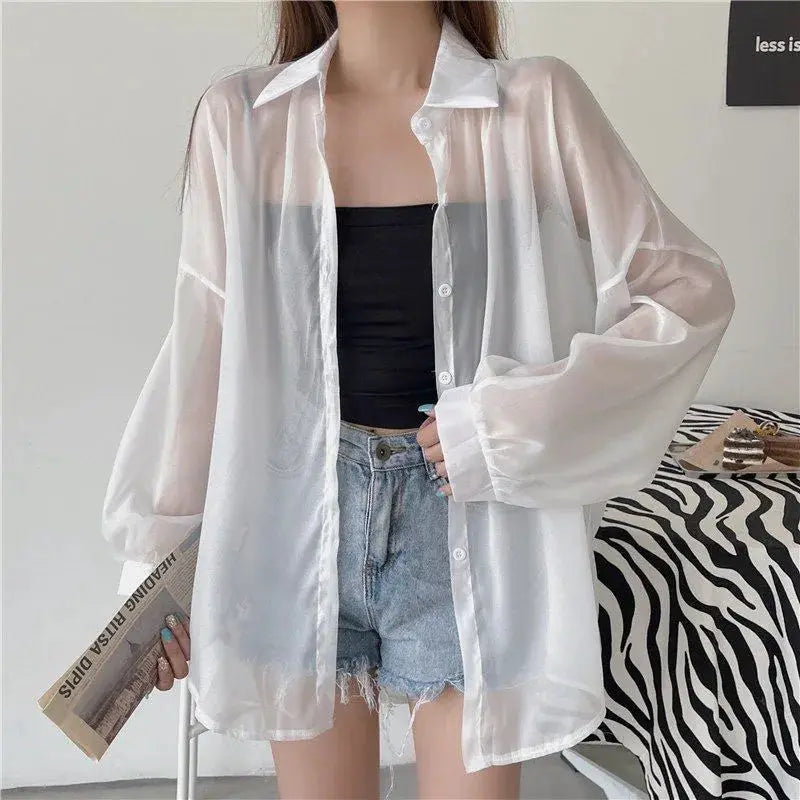 Xpqbb women's white chiffon shirt by Simples Market, sheer long-sleeve casual blouse
