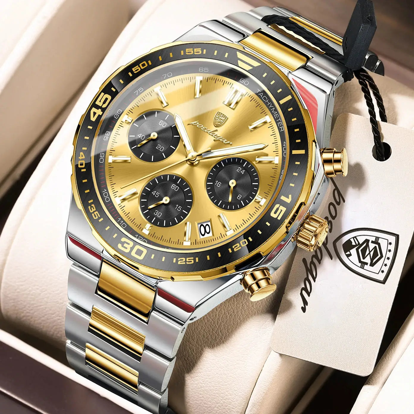 POEDAGAR men's quartz watch with gold dial, chronograph subdials, tachymeter bezel, two-tone stainless steel bracelet.