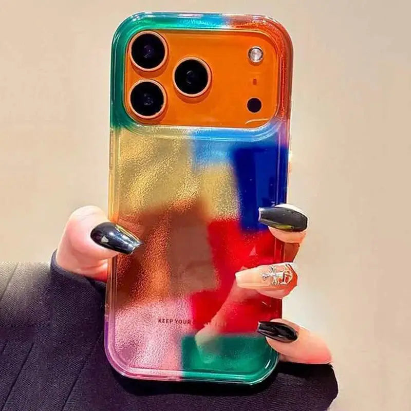 iPhone case with rainbow gradient finish and triple-camera cutout
