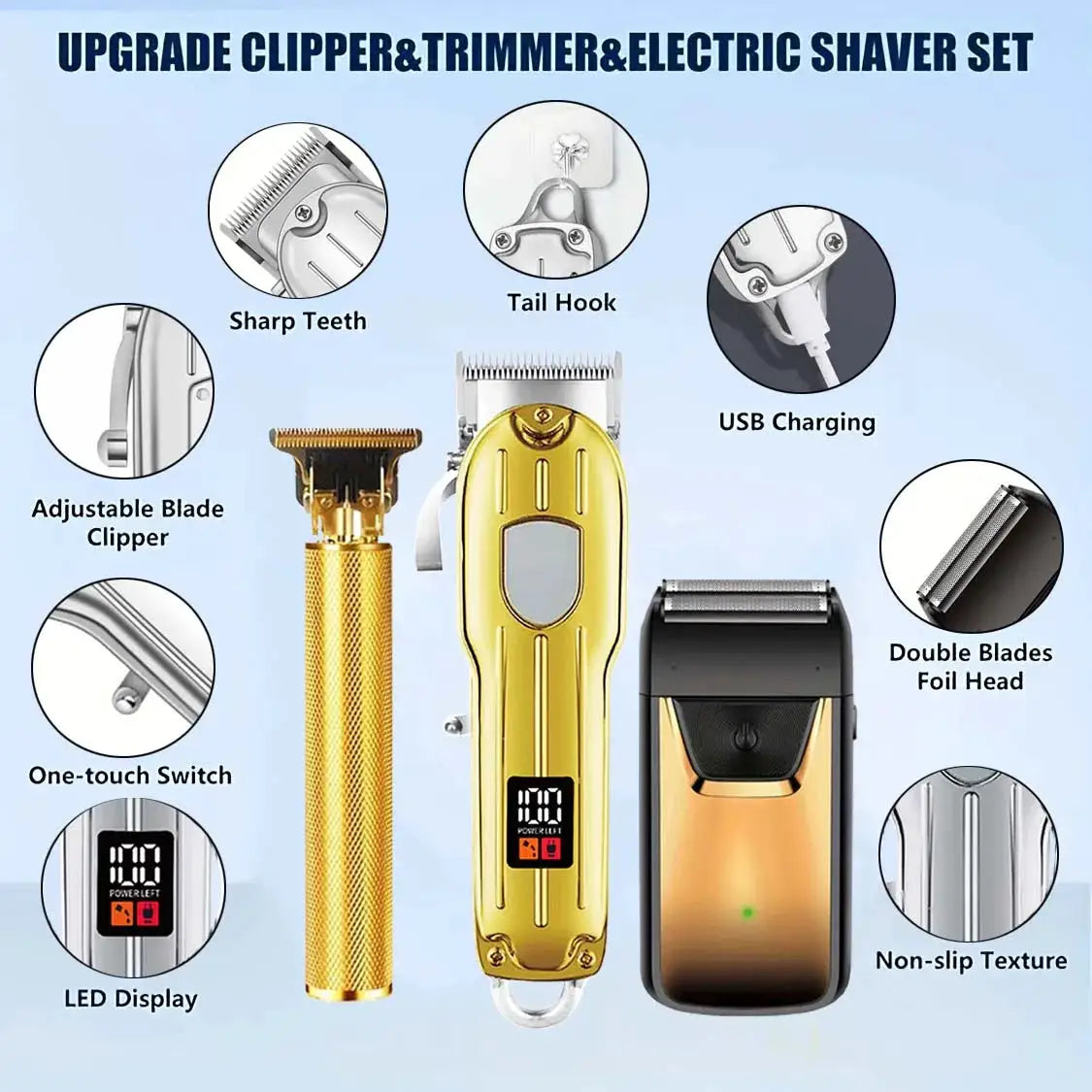 Simples Market professional three-piece hair clipper and trimmer set in gold with USB charging and LED display