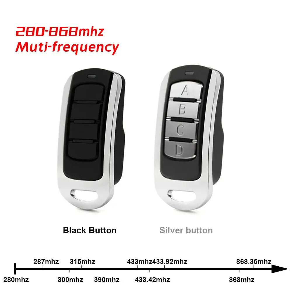 Simples Market garage door remote control duplicator, two remotes, black 4-button and silver 4-button, 280–868MHz.