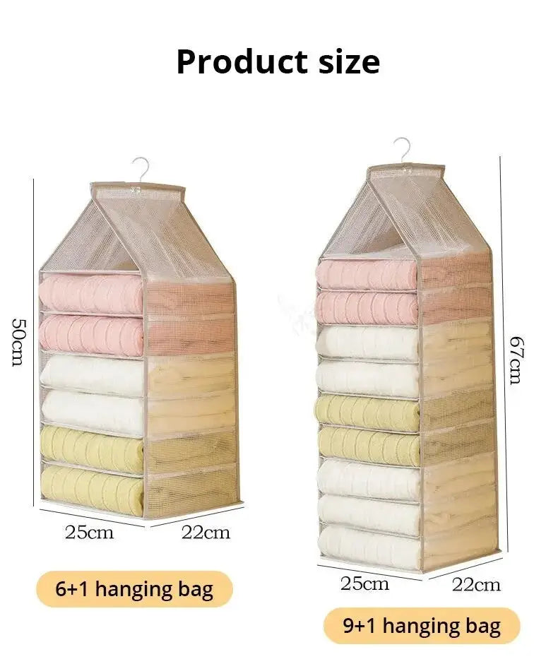 Wardrobe hanging storage bag organizer by Simples Market; beige mesh top with wood frame, 6+1 and 9+1 hanging bag variants