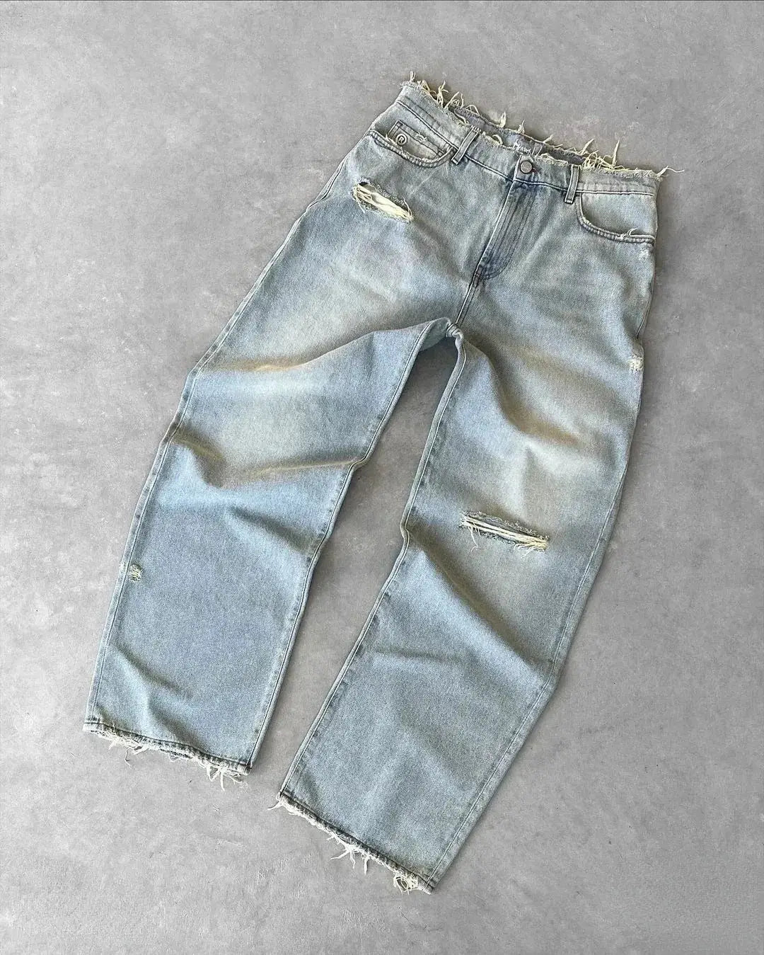 Simples Market men's distressed straight jeans, light washed denim, ripped holes, ankle length, zipper fly, pockets
