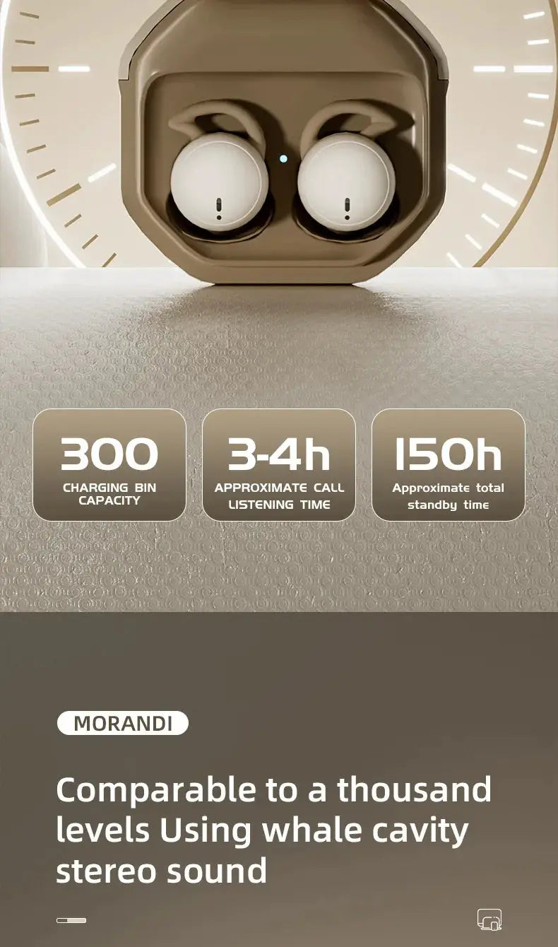 Bluetooth sleep earbuds pair by MORANDI in white, compact charging case for small-ear fit