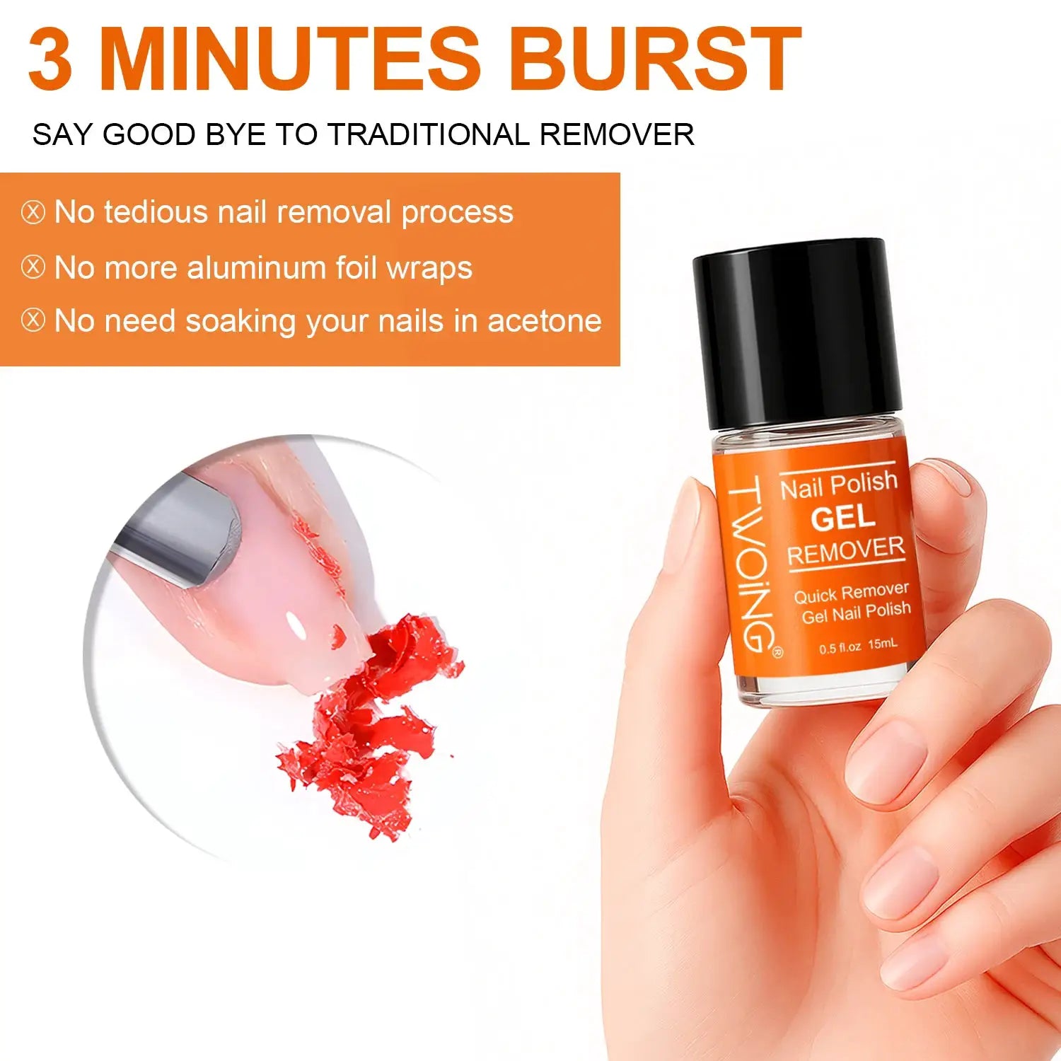 TWOING Nail Gel Polish Remover bottle with orange label, 15ml, held in hand.
