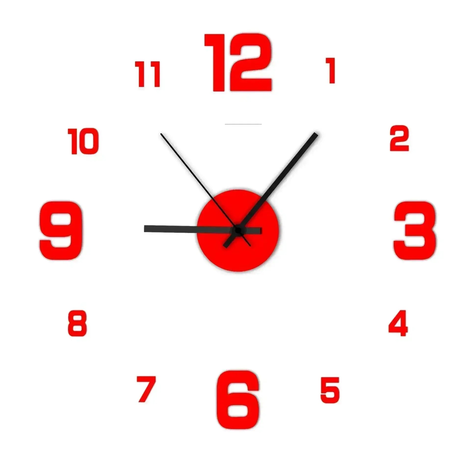 Analog wall clock with large red numerals on a white face, black hands, and a red center.