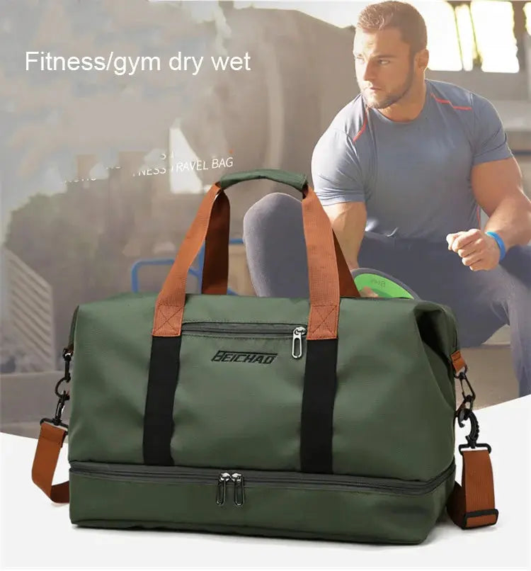 Beichat olive green travel gym bag with brown top handles and detachable shoulder strap