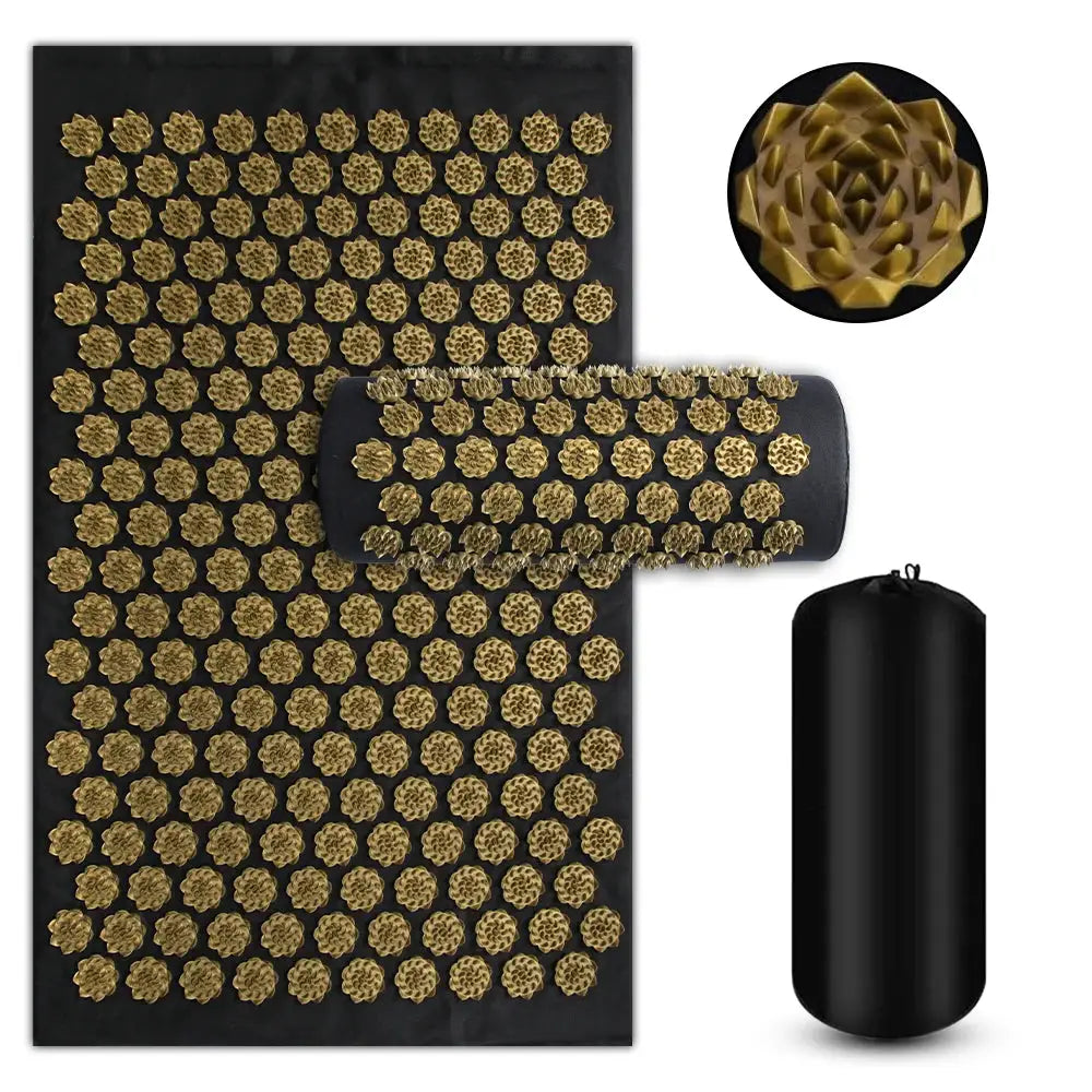 Simples Market acupressure mat with gold spike discs; rolled mat, Kuznetsov applicator pillow, and black carrying case