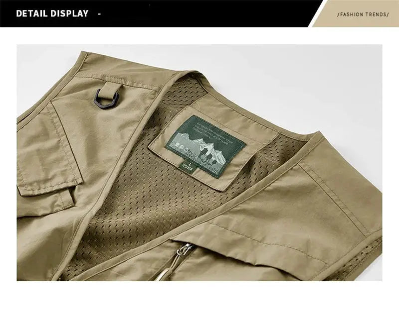 Simples Market khaki men's sleeveless outdoor vest with multiple pockets, mesh lining, and zipper