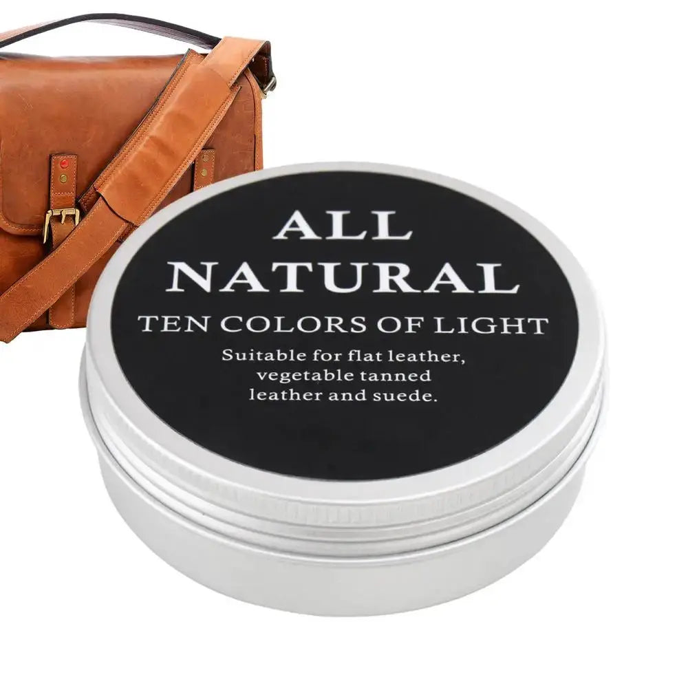 Leather care cream tin by Simples Market; all-natural formula for leather shoes, bags, and car interiors.