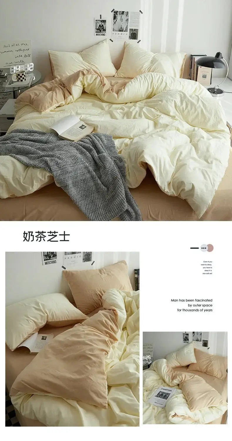 Solid cream double-washed cotton bedding 4-piece set on a dorm bed with peach pillows
