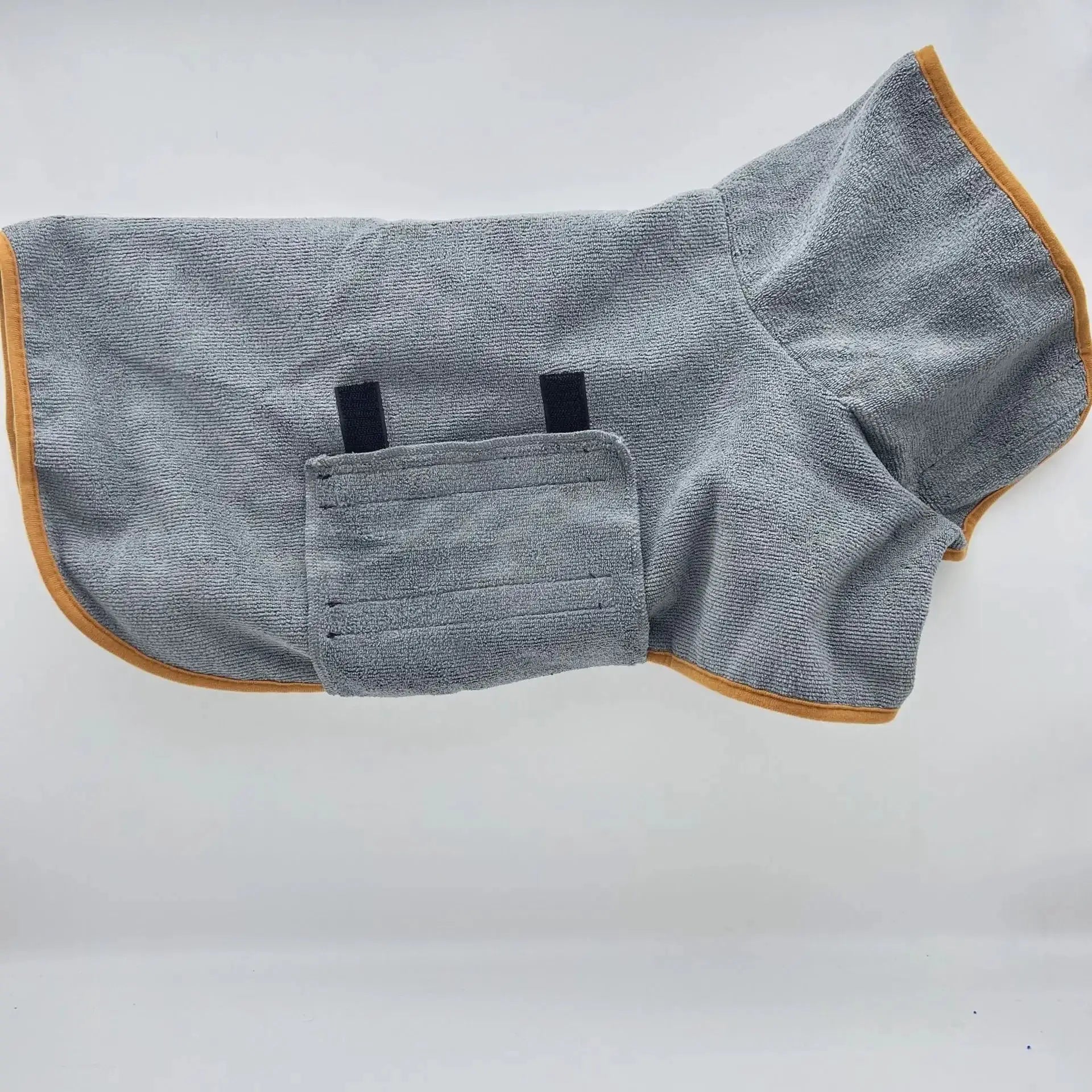 Dog bathrobe towel in gray terry cloth with orange trim, Simples Market.