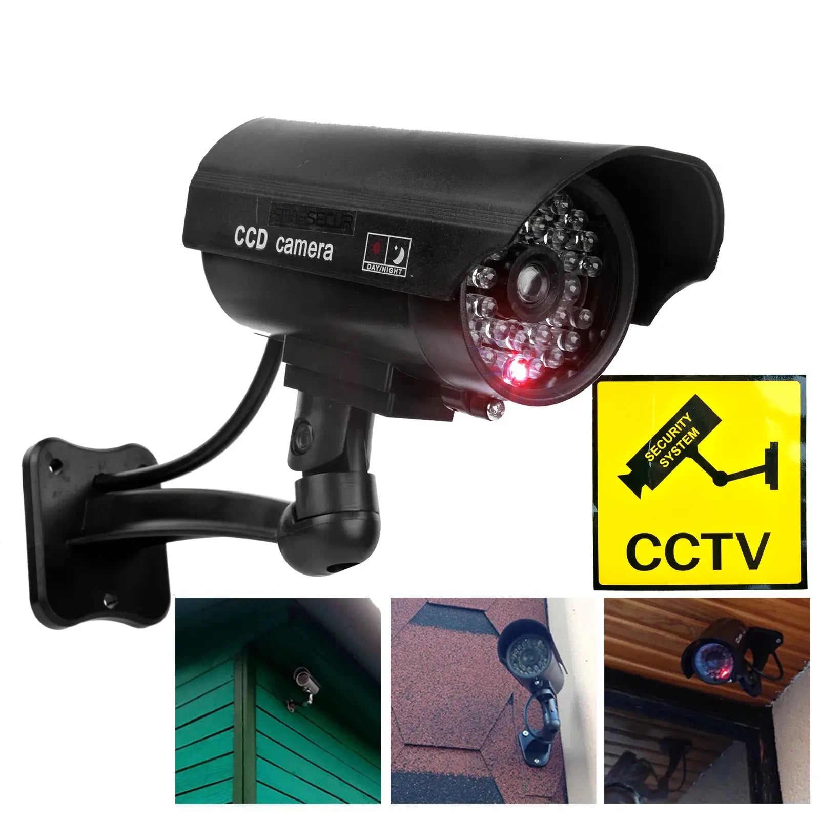 Black Eleopard fake CCTV camera by Simples Market with flashing red LED, waterproof for outdoor and indoor use