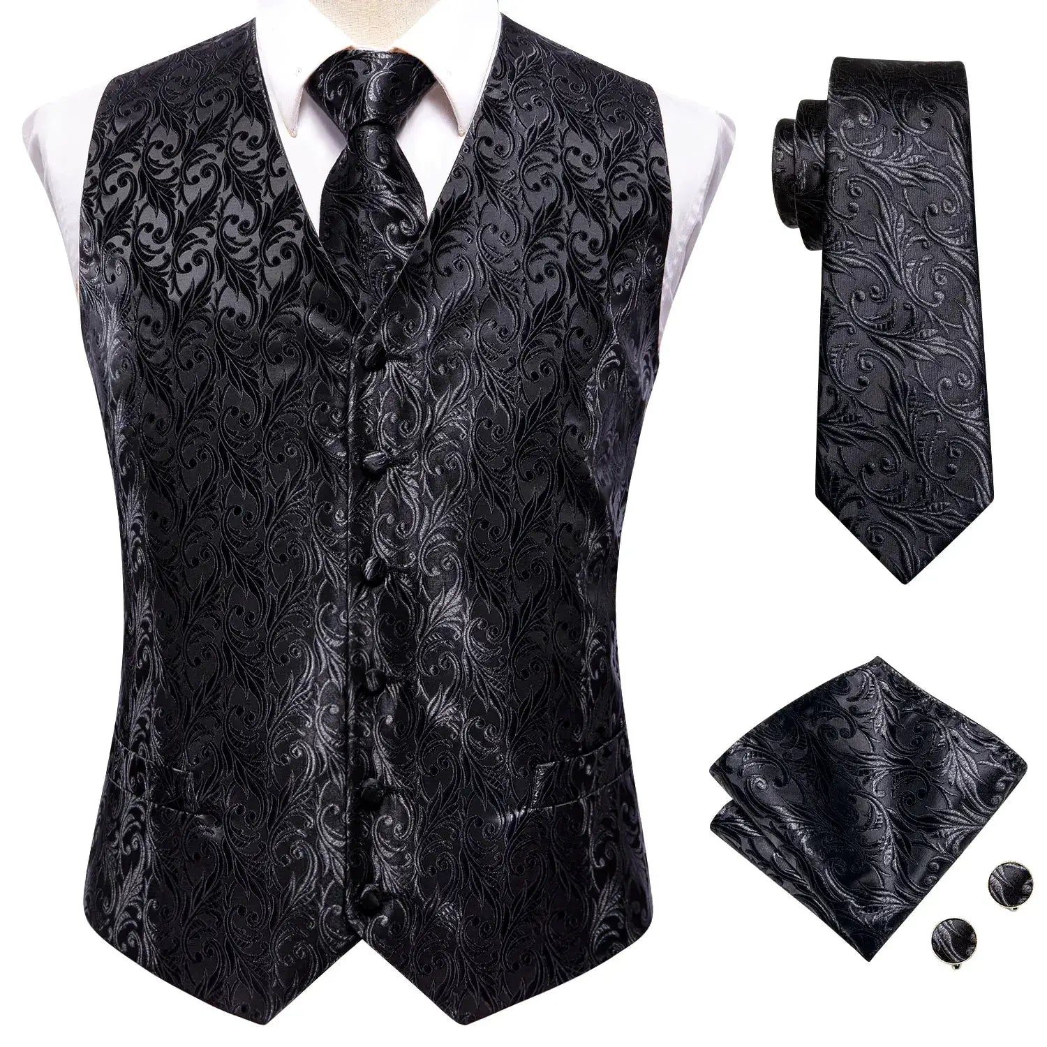 Men's black paisley wedding vest set with tie, pocket square and cufflinks