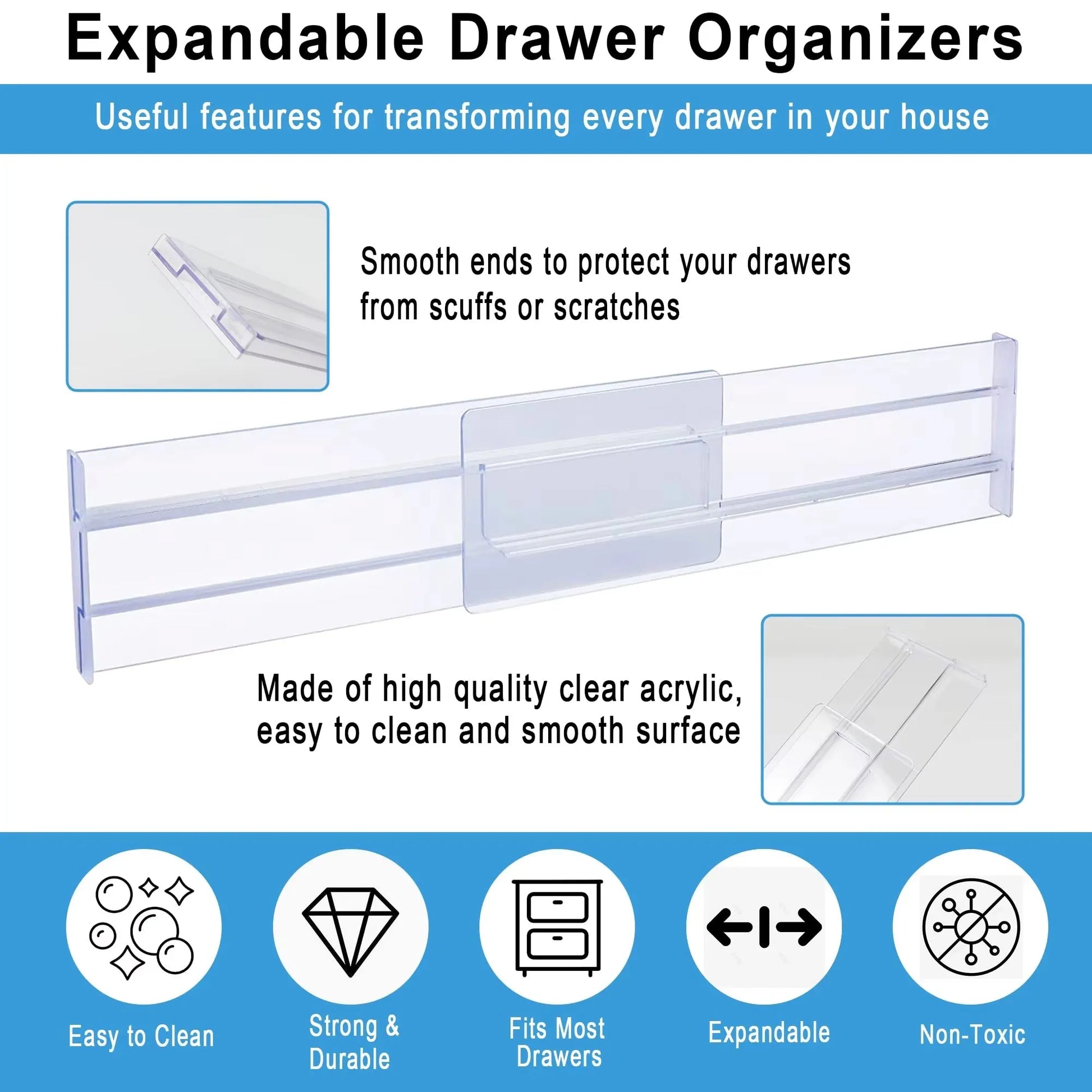 Simples Market expandable clear acrylic drawer organizers set for kitchen drawers (1/2/4/6/8 pcs)