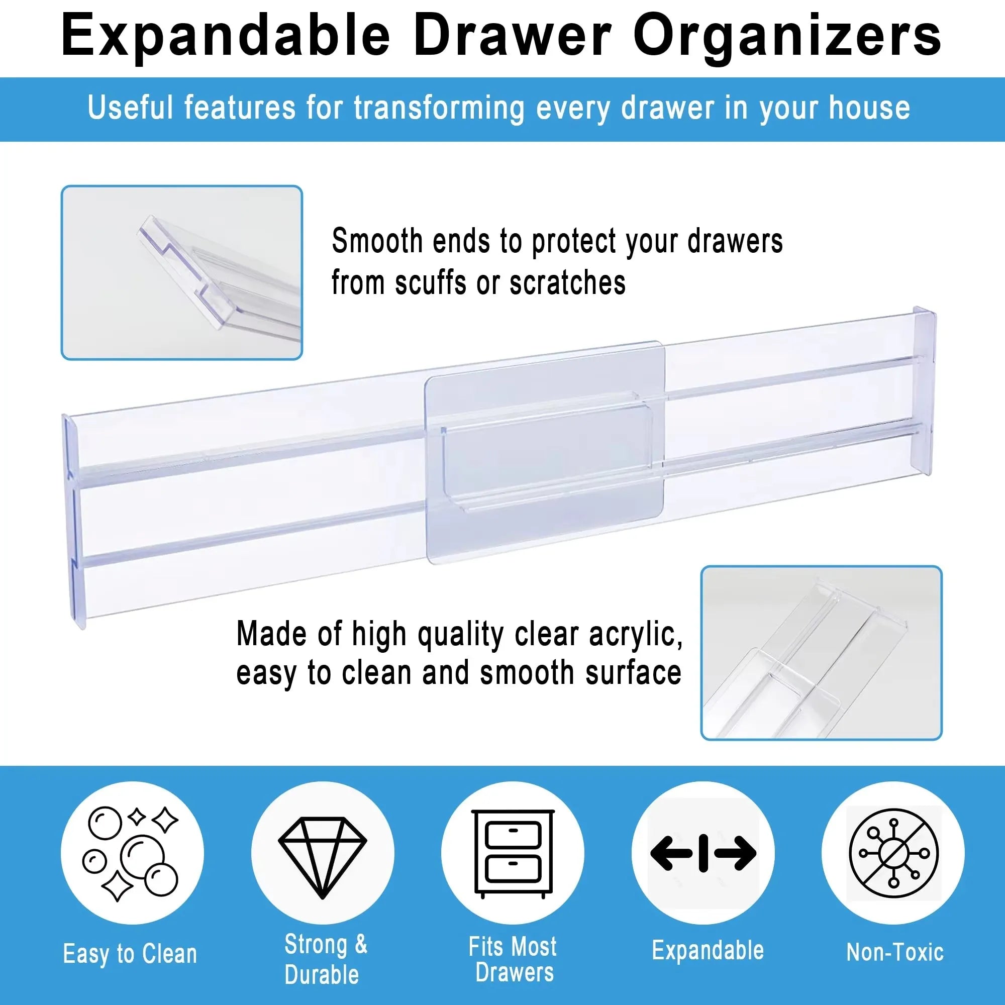 Simples Market expandable clear acrylic drawer organizers set for kitchen drawers (1/2/4/6/8 pcs)