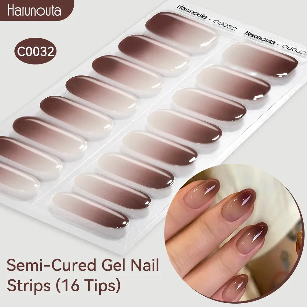 Harunouta Gradient Auroras semi-cured gel nail strips, 16 tips in brown nude gradient