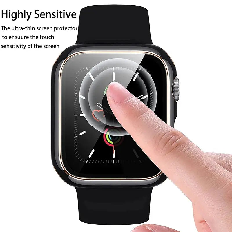 Tempered glass screen protector for Apple Watch by Simples Market, fits 40–45mm, ultra-thin and highly sensitive.