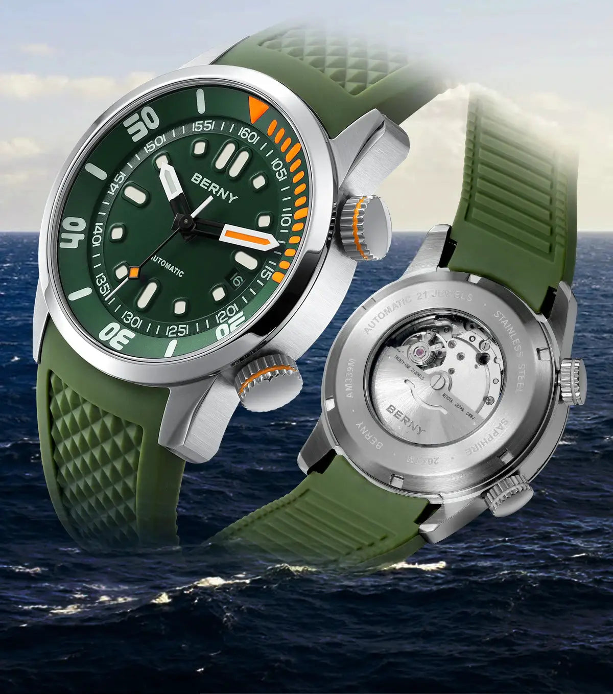 BERNY automatic dive watch for men, green dial, green strap, stainless steel case