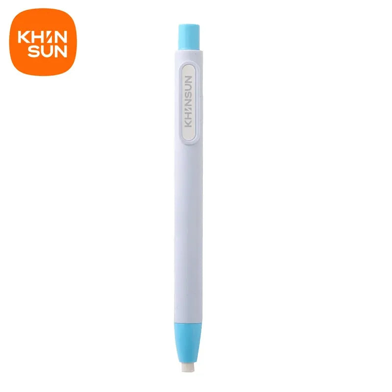 KHINSUN retractable pencil eraser pen, white body with blue cap and blue eraser top, school stationery