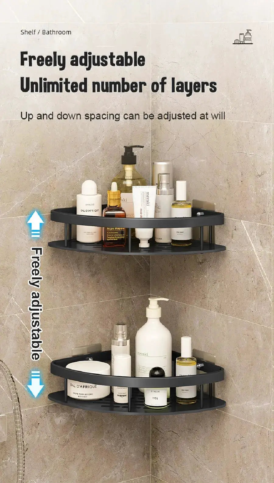 Two-tier dark gray aluminum bathroom corner shelf set, wall-mounted, no-drill