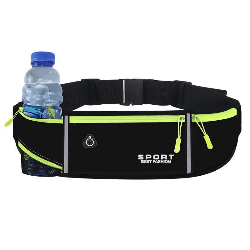 Fanny pack waist bag by Simples Market, black with neon yellow zipper trim and bottle pocket.