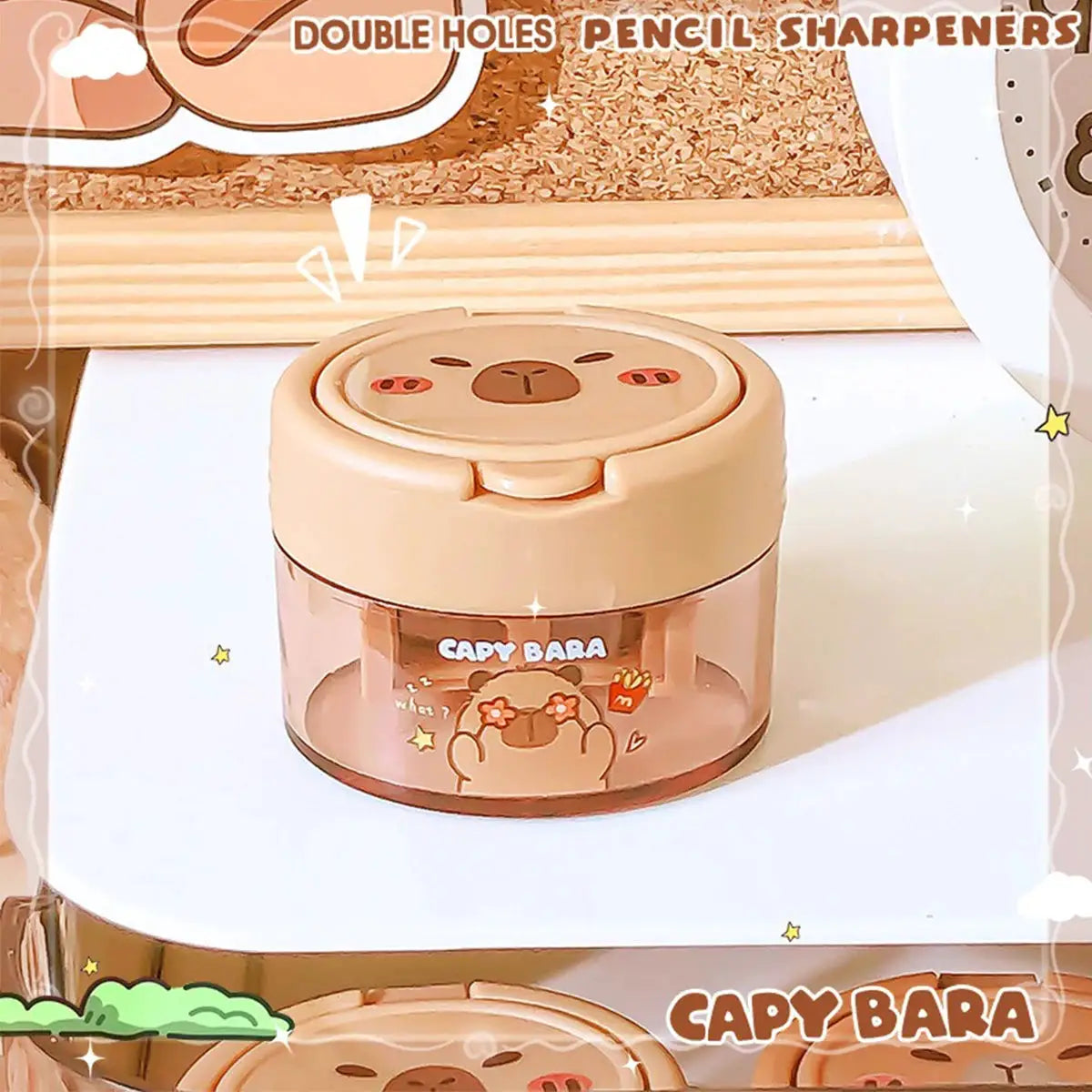Capybara cartoon flip-top dual-hole pencil sharpener; pink portable kids sharpener by Simples Market