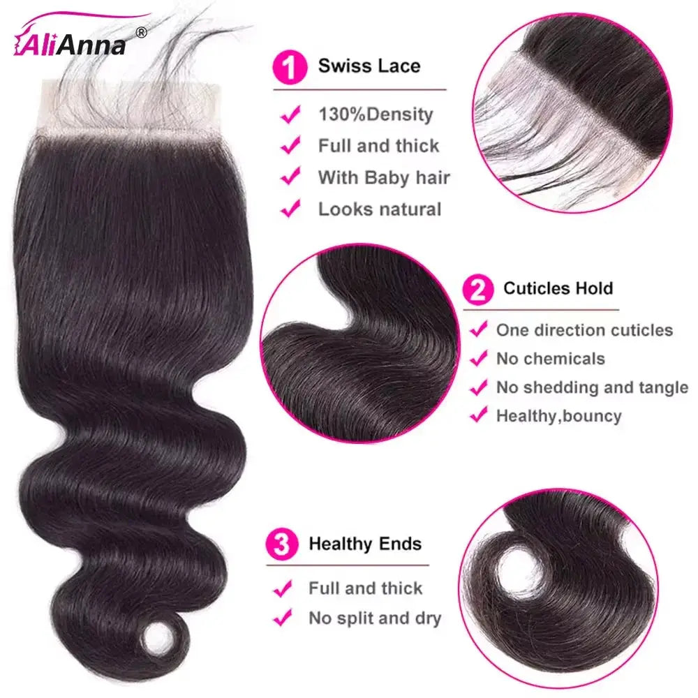 Body wave hair by AliAnna; 2x6 HD lace closure, 4x4 and 5x5 lace, 100% human hair, preplucked with baby hair, black